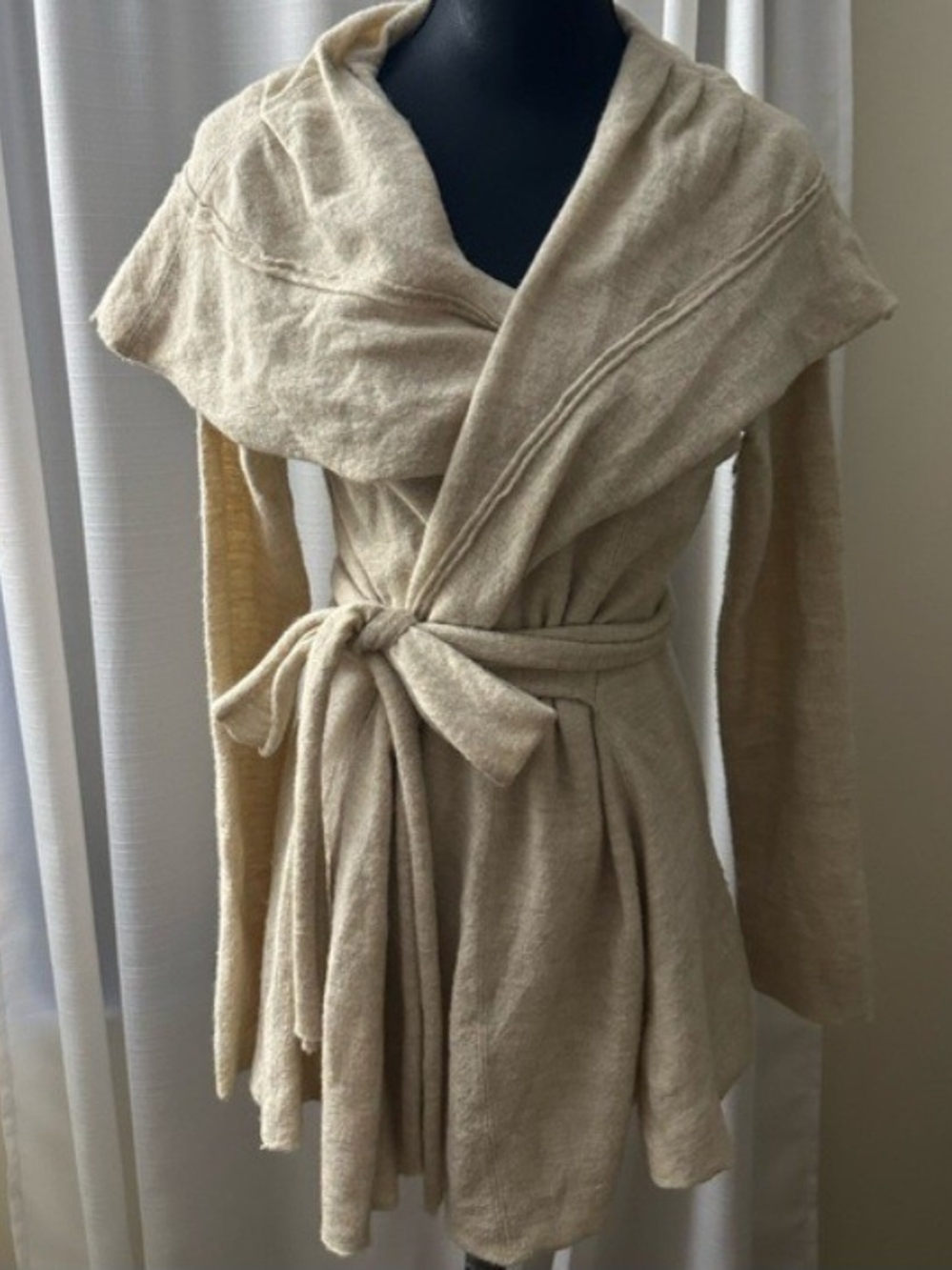 Beige Belted Shawl-Collar Women's Sweater